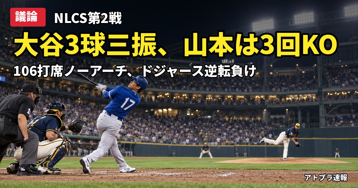 記事内容をもとにしたAI再現イメージ：【議論】大谷翔平、NLCS第2戦は3球三振から始まり106打席ノーアーチ継続　ドジャースは山本が3回KOで逆転負け