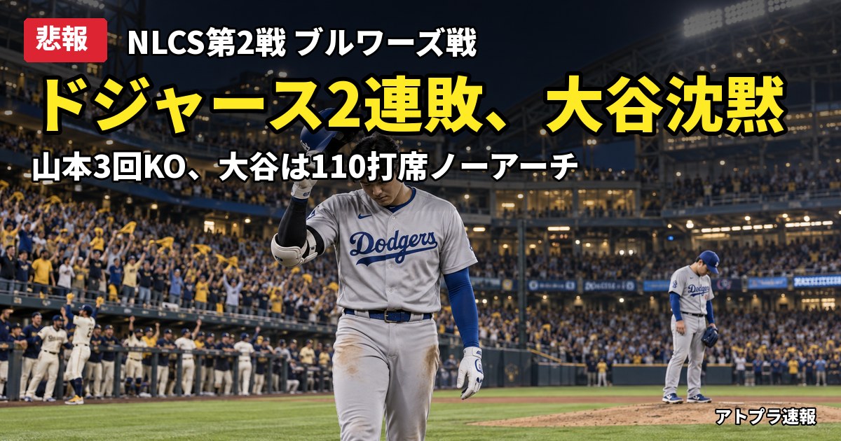 記事内容をもとにしたAI再現イメージ：【悲報】ドジャース2連敗スタート、山本由伸は今季最短KO・大谷翔平は110打席ノーアーチで次戦スタメン落ちも