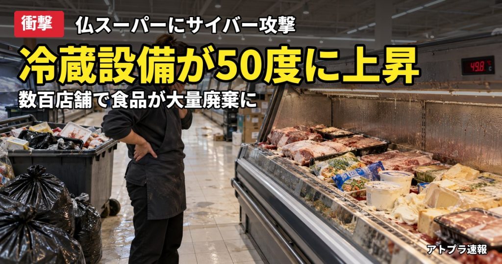 記事内容をもとにしたAI再現イメージ：【衝撃】仏スーパー数百店舗の冷蔵設備にサイバー攻撃、庫内50度で食品大量廃棄