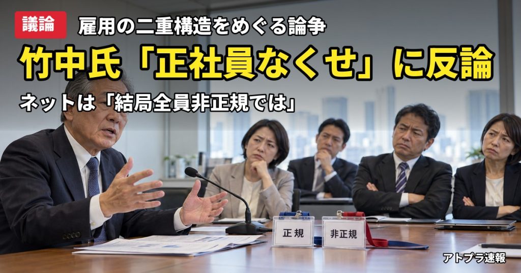 記事内容をもとにしたAI再現イメージ：【議論】竹中平蔵氏「正社員をなくせ」批判に反論「正規もなくせは非正規もなくせ」→ネットは「言葉遊び」と紛糾