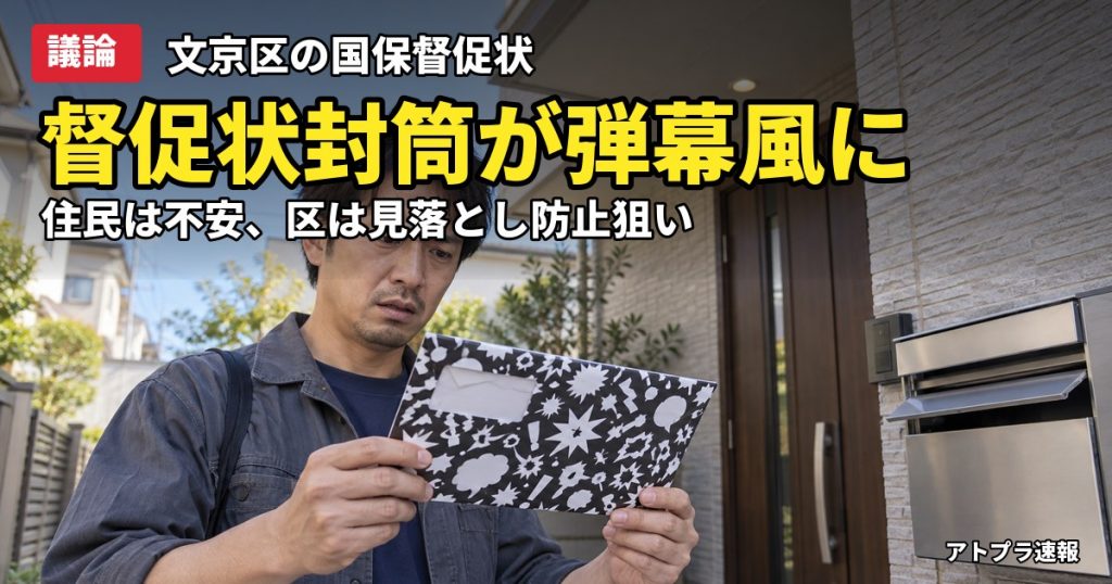 記事内容をもとにしたAI再現イメージ：【議論】文京区の国保督促状封筒に「あけろ！あけろよ～！」ニコニコ風デザイン、住民は不安も5ch民は「払えば済む」