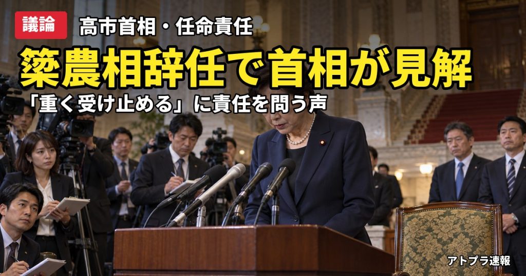 記事内容をもとにしたAI再現イメージ：【議論】高市首相「任命責任を重く受け止めている」簗農相の辞任受け、ネットは「どう責任を取るのか」