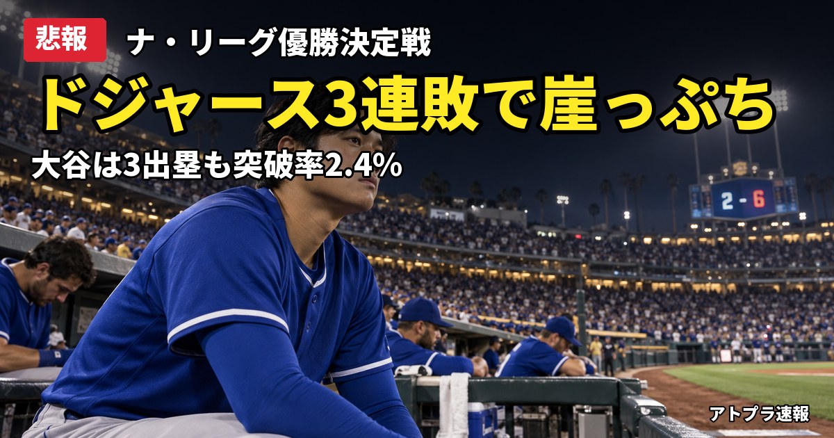 記事内容をもとにしたAI再現イメージ:【悲報】ドジャース、ブルワーズに3連敗で崖っぷち 大谷翔平は3出塁も突破率2.4%