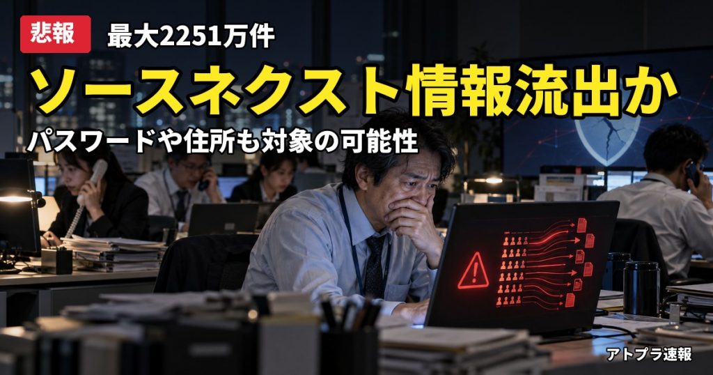 記事内容をもとにしたAI再現イメージ：【悲報】ソースネクストに不正アクセス、最大2251万件の個人情報流出か…セキュリティ会社の失態に「ゼロ」の皮肉