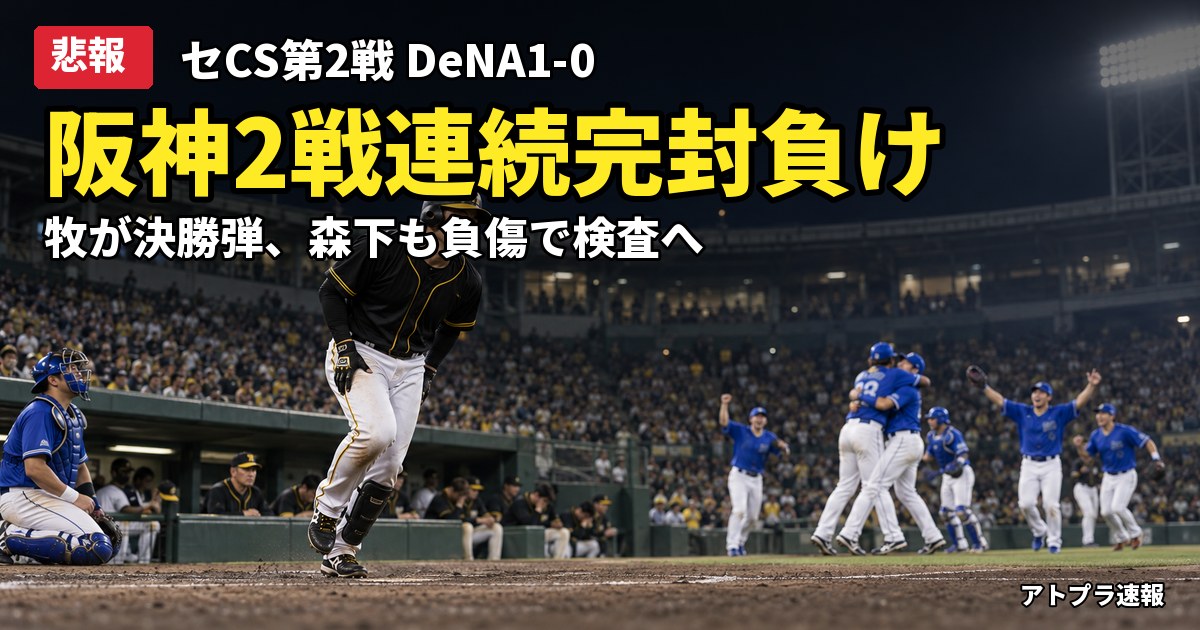 記事内容をもとにしたAI再現イメージ：【悲報】阪神、CS第2戦もDeNAに0-1で完封負け 牧の決勝弾で連敗、森下は負傷で検査へ