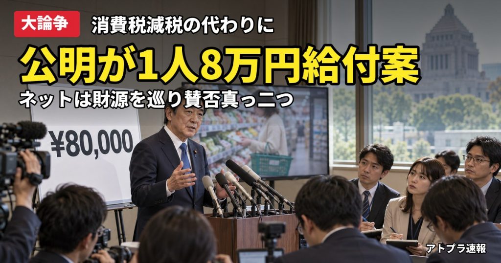 記事内容をもとにしたAI再現イメージ：【大論争】公明党が消費税減税の代わりに1人8万円給付案、ネット「財源は?」「給付の方がマシ」で割れる