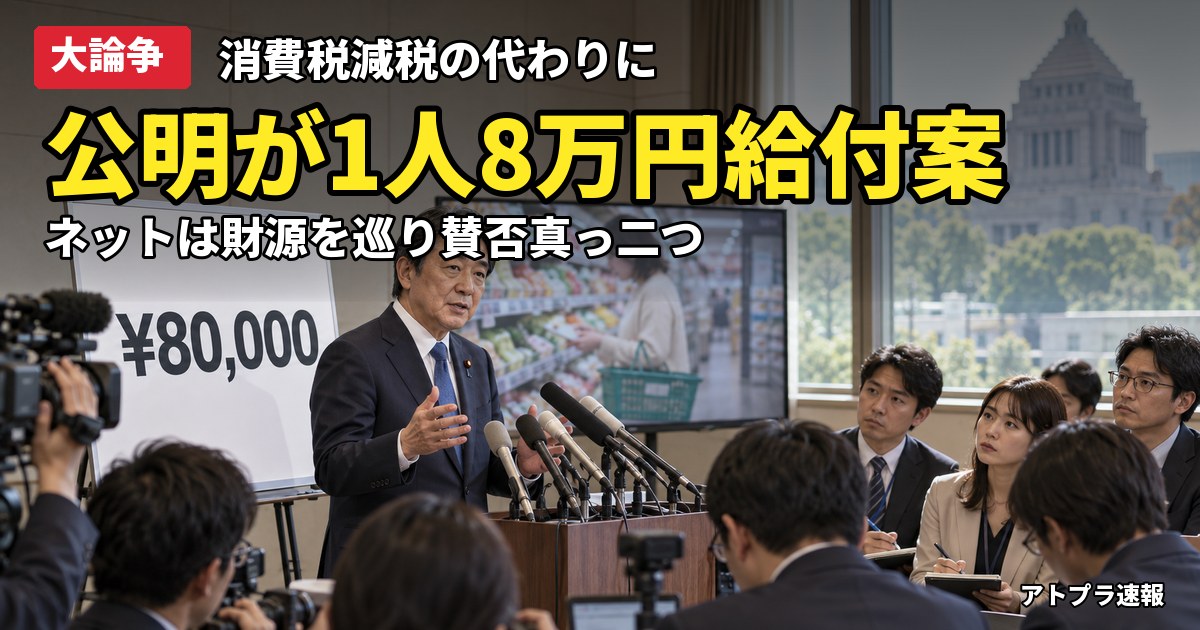 記事内容をもとにしたAI再現イメージ：【大論争】公明党が消費税減税の代わりに1人8万円給付案、ネット「財源は?」「給付の方がマシ」で割れる