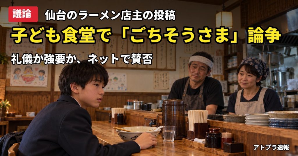 記事内容をもとにしたAI再現イメージ：【議論】仙台のラーメン店「麺屋わになる」店主の「ごちそうさまくらい言え」投稿に賛否、子ども食堂の礼儀は強要か躾か