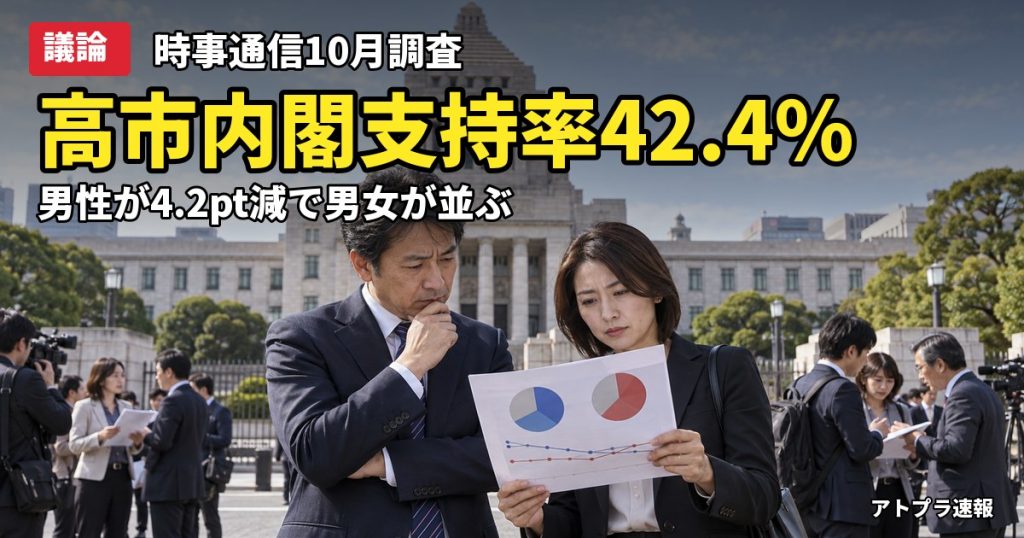 記事内容をもとにしたAI再現イメージ：【議論】高市内閣の支持率42.4％で最低更新、時事通信10月調査で男性は4.2pt減