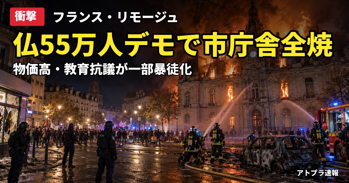 記事内容をもとにしたAI再現イメージ：【衝撃】フランスで55万人デモ、リモージュ市庁舎が放火で全焼・1200人拘束