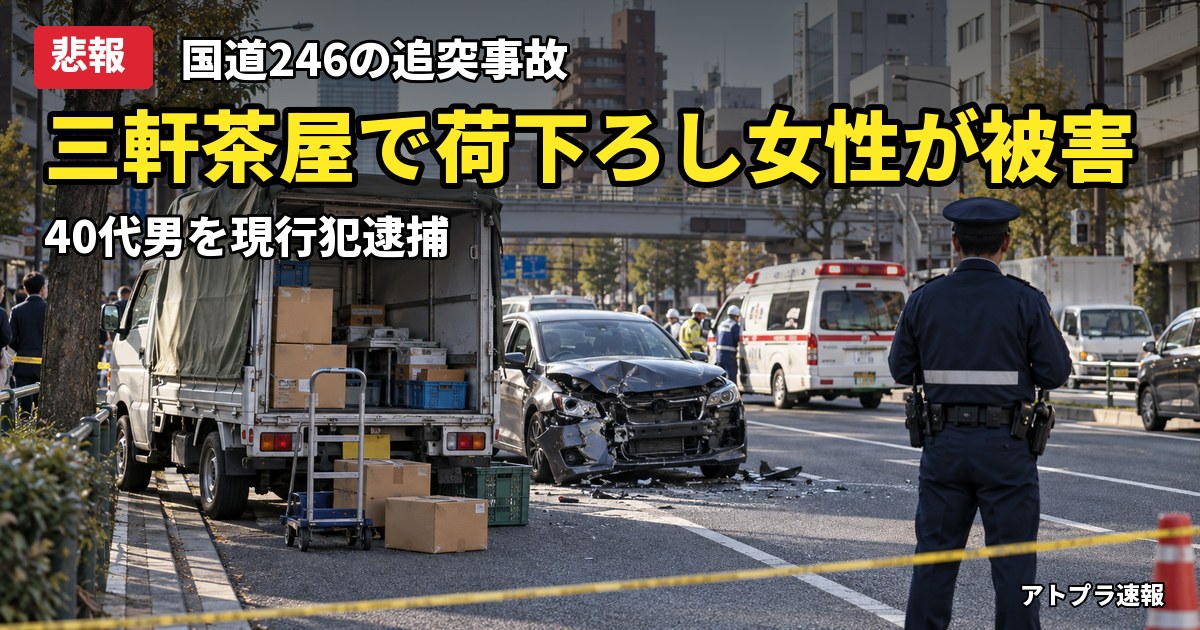 記事内容をもとにしたAI再現イメージ：【悲報】三軒茶屋の国道246で荷下ろし中の30代女性が乗用車に挟まれ両足切断、40代男を現行犯逮捕