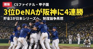 記事内容をもとにしたAI再現イメージ：【議論】DeNA、3位から阪神に4連勝で日本シリーズ進出　貯金2の下剋上にCS不要論が再燃