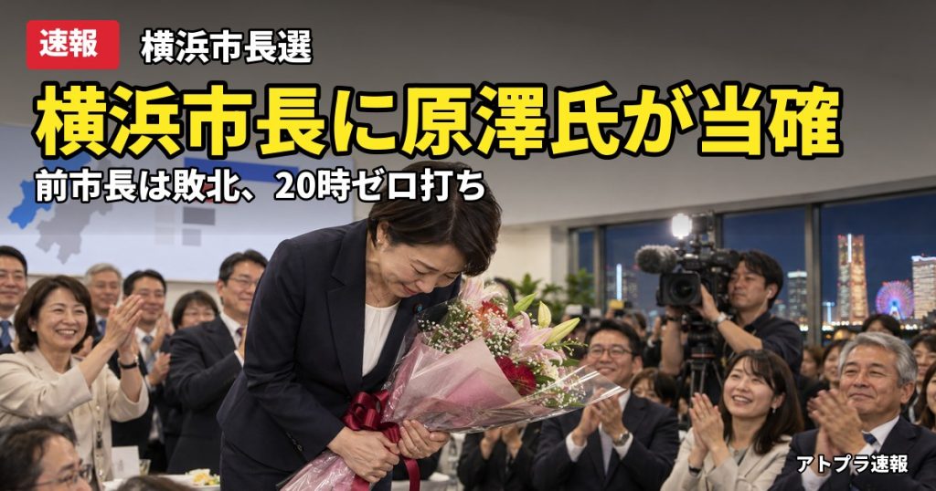 記事内容をもとにしたAI再現イメージ：【速報】横浜市長選で原澤敦美氏が初当選確実、パワハラ辞職の山中竹春前市長は敗れる