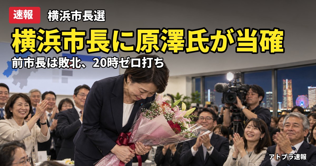 記事内容をもとにしたAI再現イメージ：【速報】横浜市長選で原澤敦美氏が初当選確実、パワハラ辞職の山中竹春前市長は敗れる