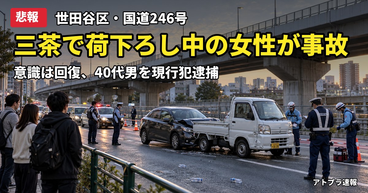 記事内容をもとにしたAI再現イメージ:【悲報】三軒茶屋の国道246で荷下ろし中の30代女性、乗用車に追突され両足切断も意識回復 40代男を現行犯逮捕