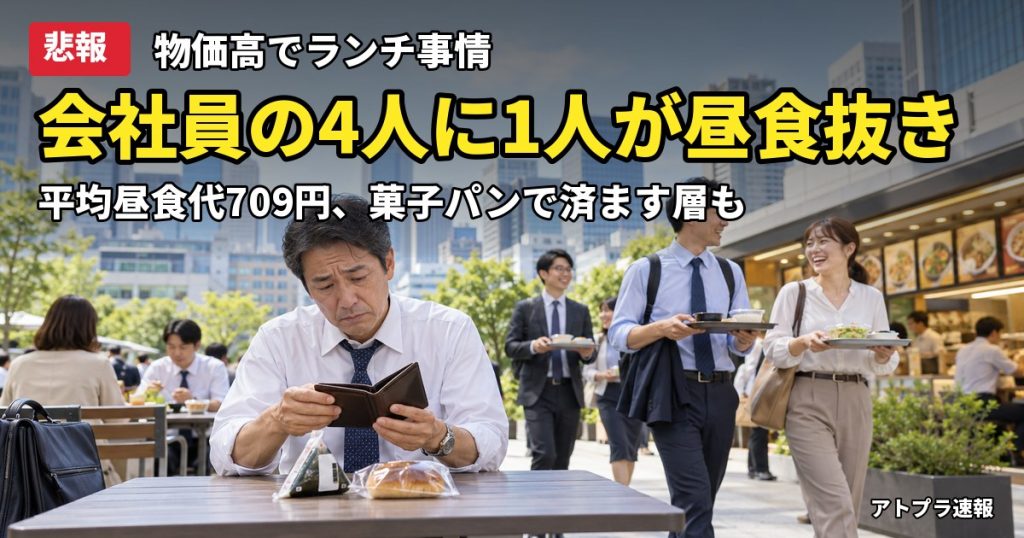 記事内容をもとにしたAI再現イメージ：【悲報】サラリーマンの4人に1人が昼食を抜いた経験あり、物価高で菓子パンなど400円台の層も