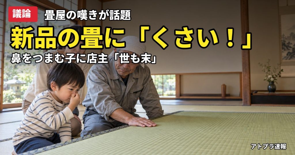 記事内容をもとにしたAI再現イメージ：【議論】小山畳店の新品の畳に「くさい！」と鼻をつまむ子ども、畳屋の嘆きにネット二分