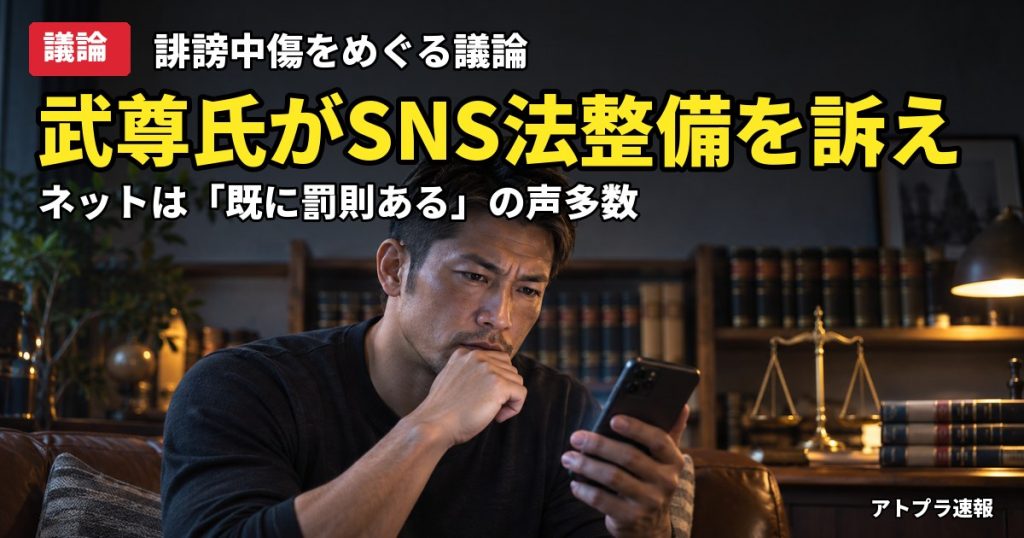 記事内容をもとにしたAI再現イメージ：【議論】武尊氏「SNSの法整備を」誹謗中傷を問題視もネットは「罰則は既にある」「訴えれば」の声