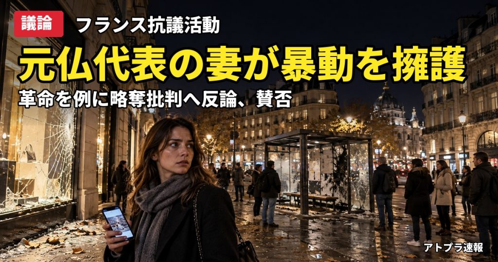 記事内容をもとにしたAI再現イメージ：【議論】リュカ・ディーニュ妻「高級店が略奪されたくらいで騒ぐな」フランス暴動を革命になぞらえ反論