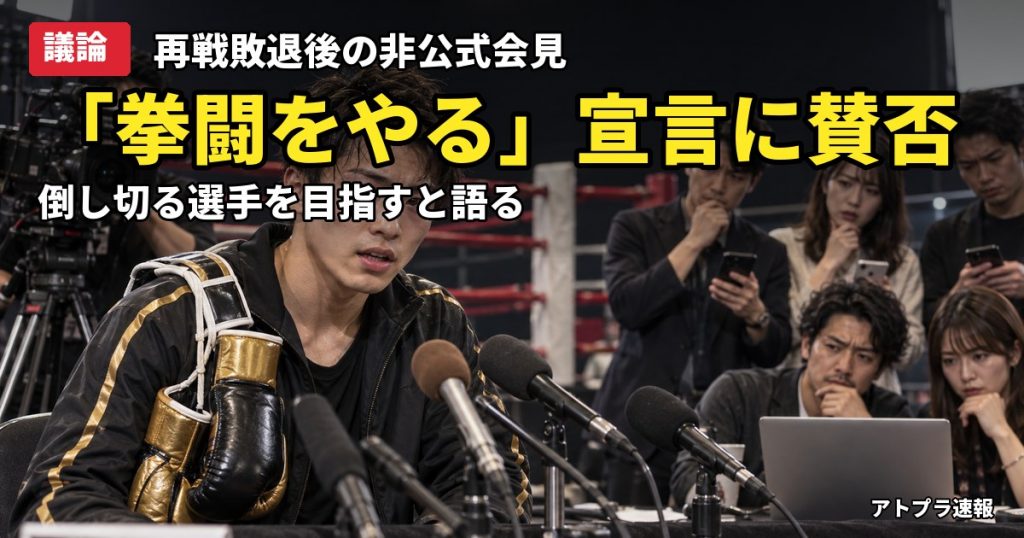 記事内容をもとにしたAI再現イメージ：【議論】那須川天心「ボクシングをやめて拳闘をやる」井上拓真に再戦で敗れ激白、ネットは困惑と批判