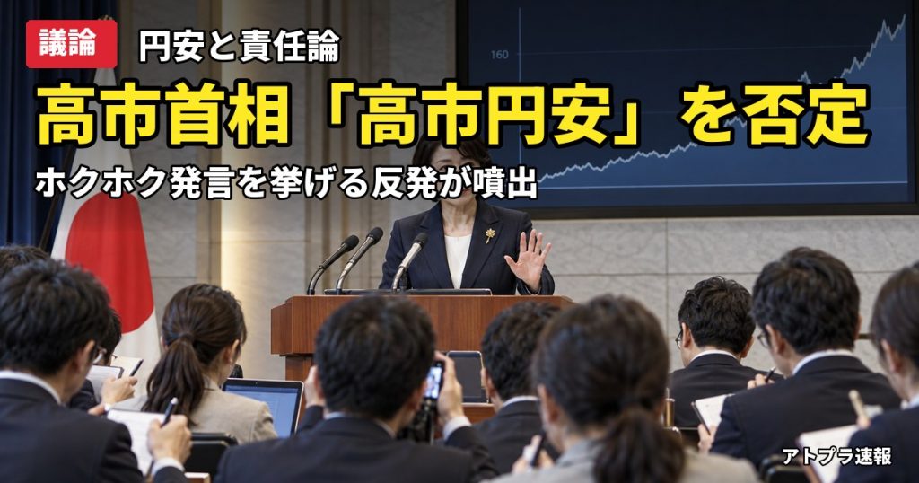 記事内容をもとにしたAI再現イメージ：【議論】高市首相が「高市円安」を明確に否定、「円安ホクホク」発言を挙げ反発の声が殺到