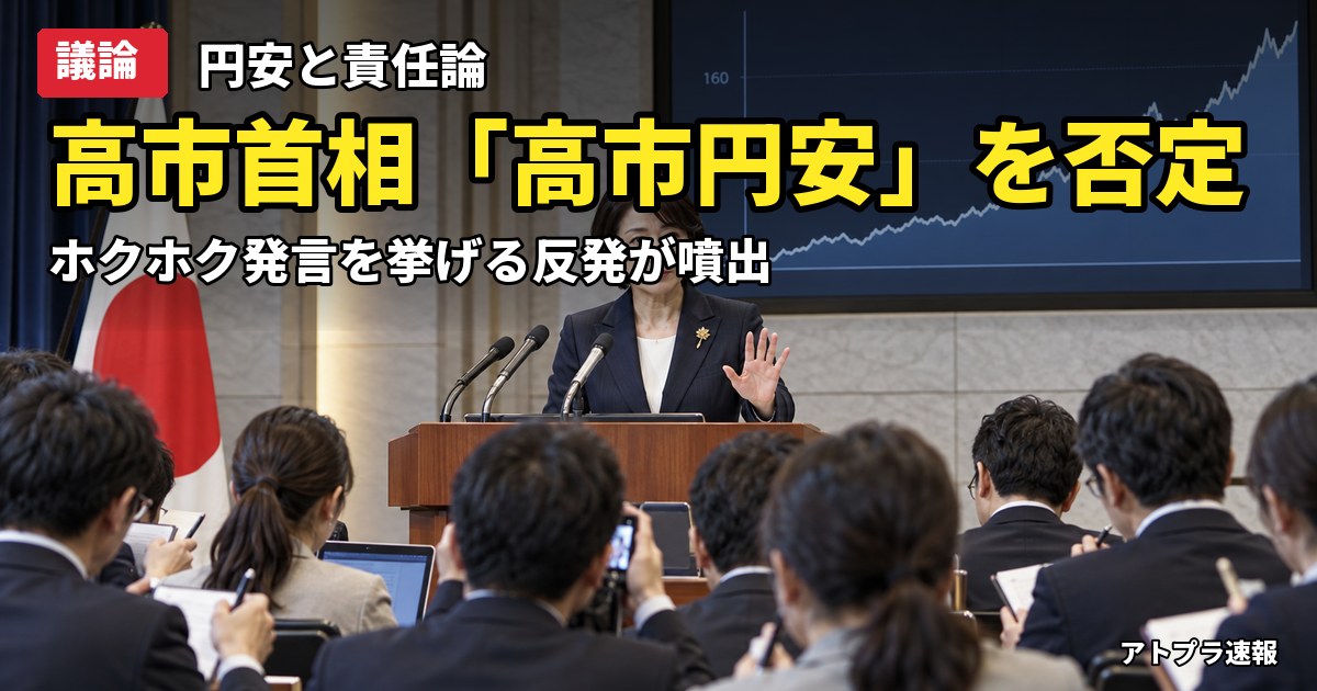 記事内容をもとにしたAI再現イメージ：【議論】高市首相が「高市円安」を明確に否定、「円安ホクホク」発言を挙げ反発の声が殺到