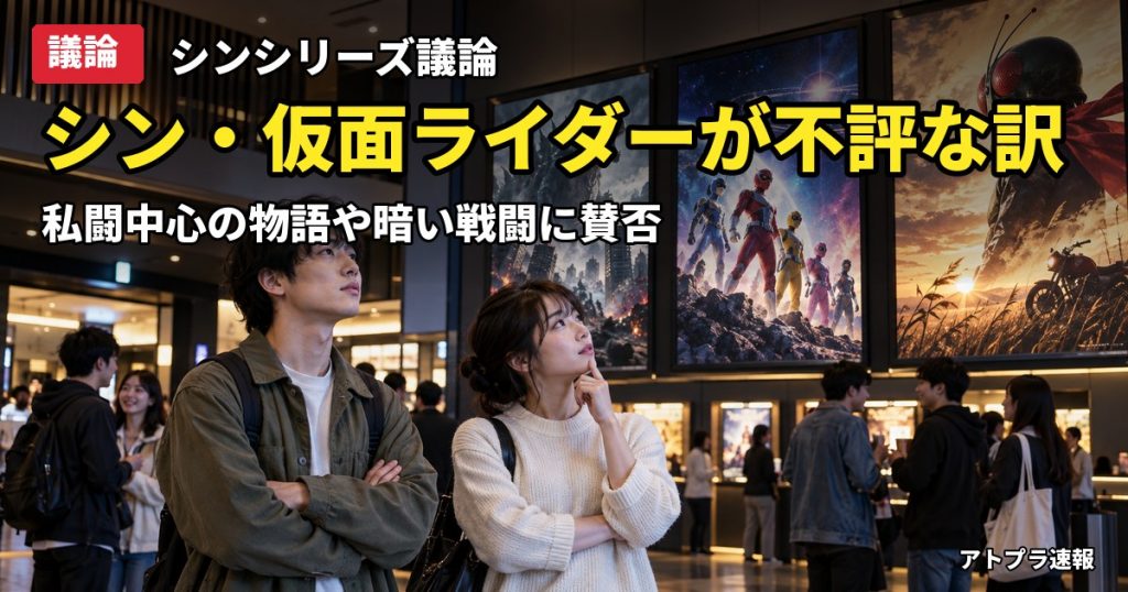 記事内容をもとにしたAI再現イメージ：【議論】シン・仮面ライダーだけ評価が割れた理由、ゴジラ・ウルトラマンと比べて何が違った？