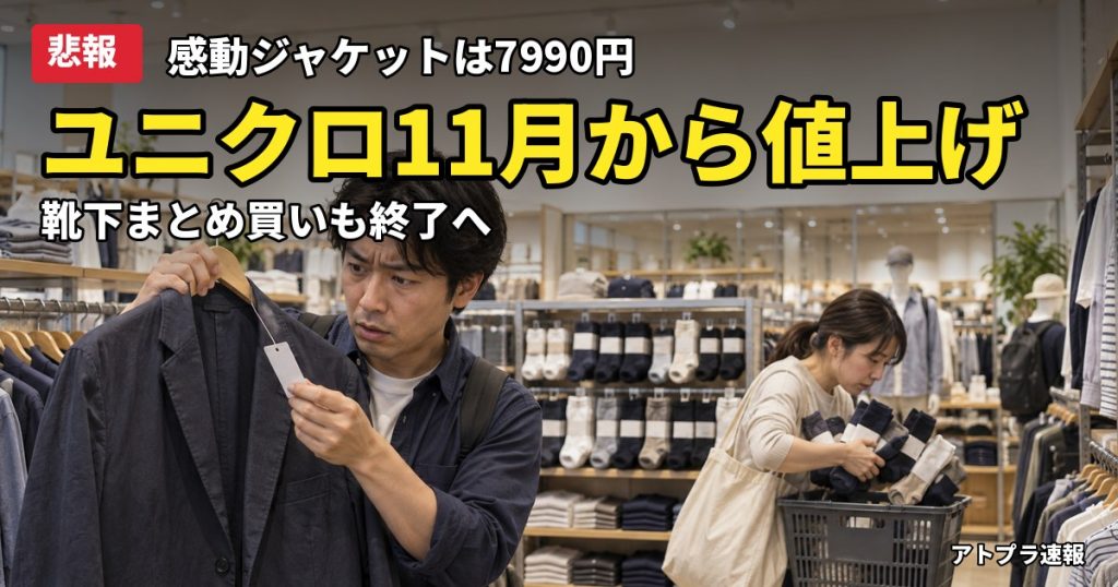記事内容をもとにしたAI再現イメージ：【悲報】ユニクロが11月10日から値上げ発表、感動ジャケットは7990円に　靴下まとめ買いも終了