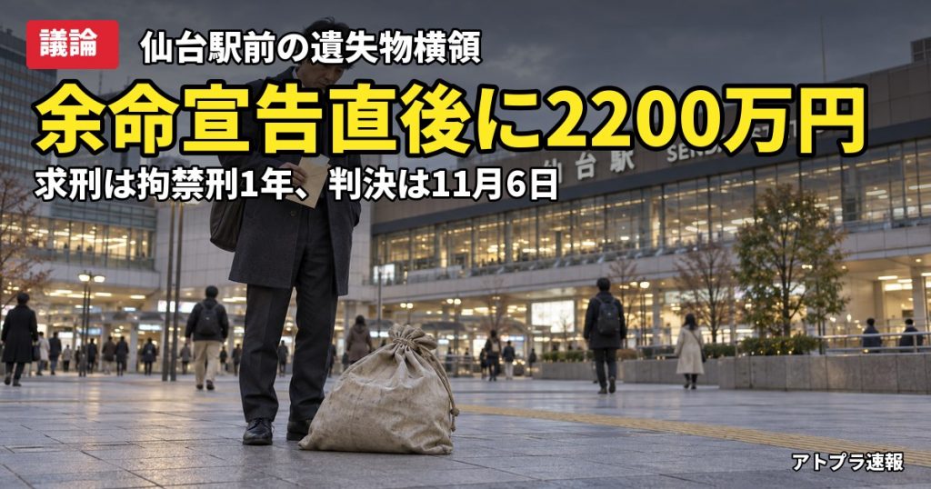 記事内容をもとにしたAI再現イメージ：【議論】仙台駅前で現金2200万円を持ち去った43歳男、余命宣告直後に「神様の贈り物」初公判で起訴内容認める