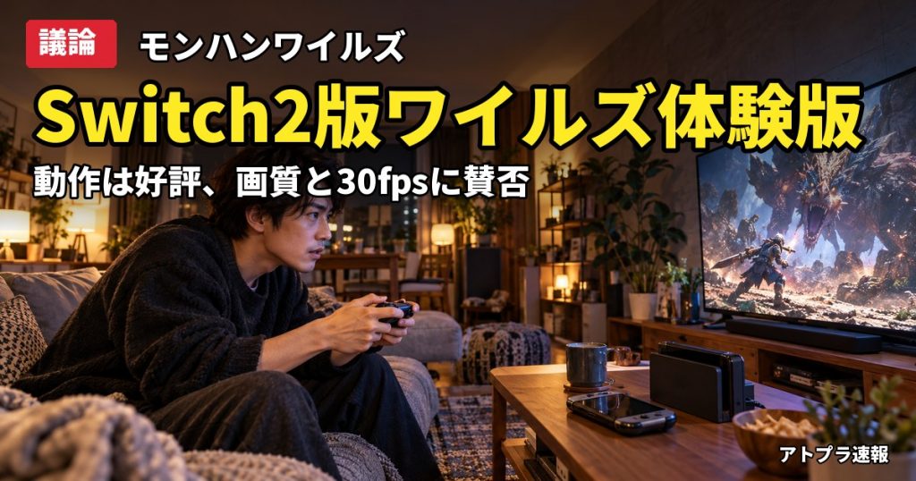 記事内容をもとにしたAI再現イメージ：【議論】Switch2版モンハンワイルズ体験版が配信開始、動作は「普通に遊べる」と好評も画質や30fpsに賛否