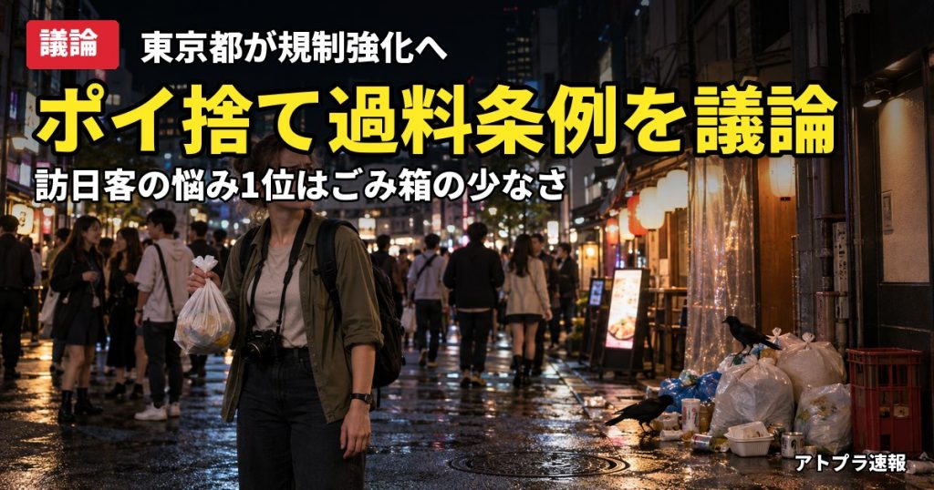 記事内容をもとにしたAI再現イメージ：【議論】東京都のポイ捨て過料条例、訪日客の困りごと1位は「ごみ箱の少なさ」で論争に