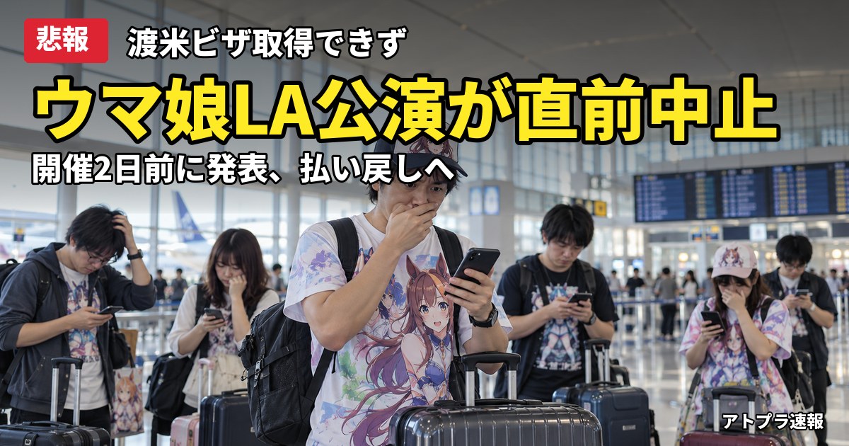 記事内容をもとにしたAI再現イメージ：【悲報】ウマ娘ロサンゼルス公演が2日前に中止、渡米ビザ取得できず