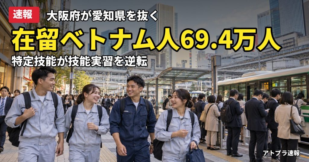 記事内容をもとにしたAI再現イメージ：【速報】在留ベトナム人69.4万人で過去最高、大阪府が愛知県を抜き最多の居住地に