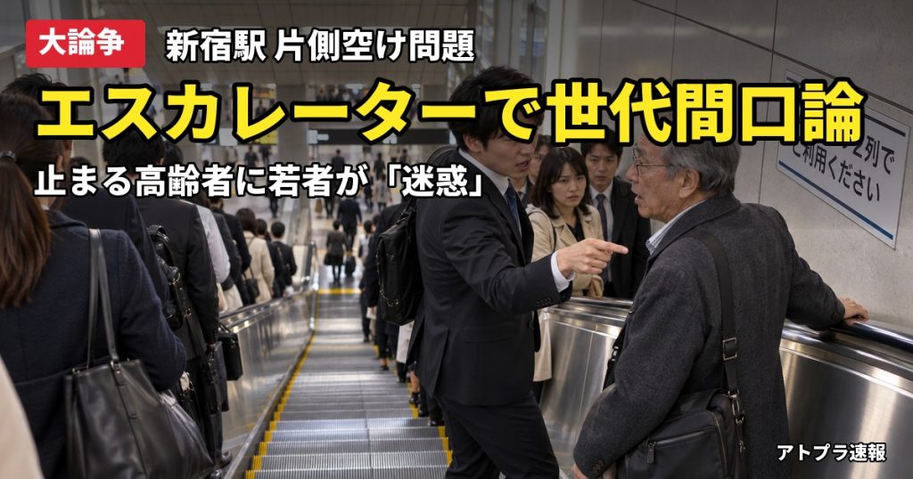 記事内容をもとにしたAI再現イメージ：【大論争】新宿駅エスカレーターで若者が高齢者に「止まると迷惑」と怒号、片側空け問題が再燃
