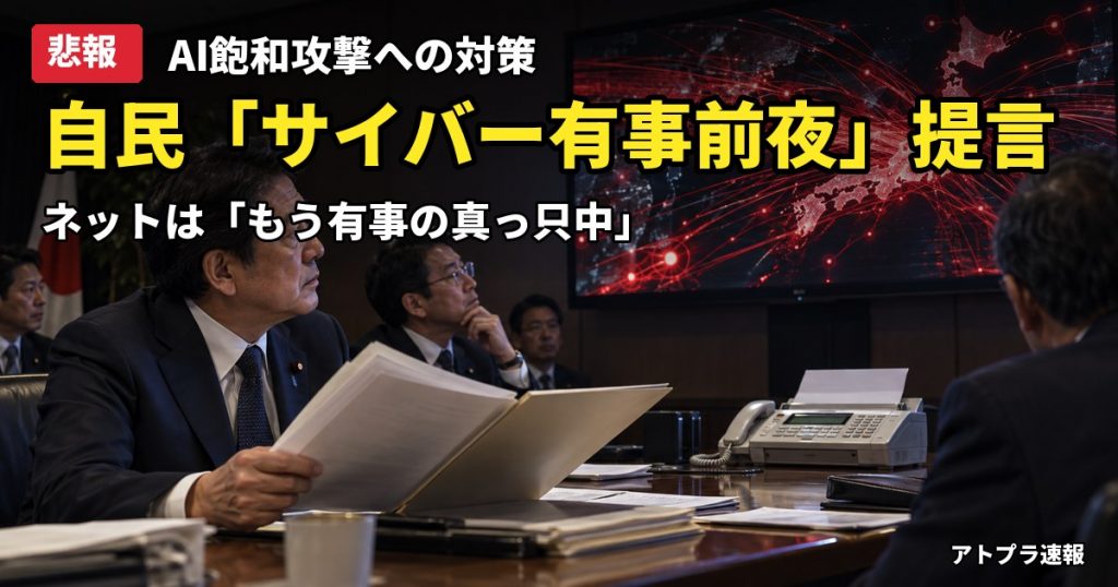 記事内容をもとにしたAI再現イメージ：【悲報】自民党が「サイバー有事前夜」提言へ、AIの飽和攻撃対策を表明も「もう有事の真っ只中」と総ツッコミ