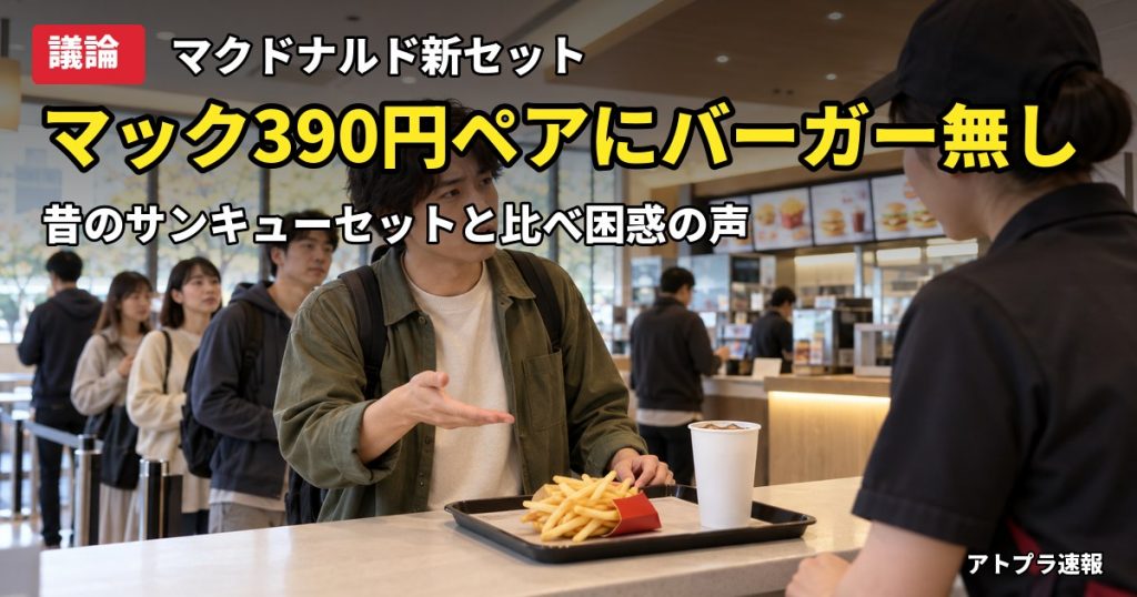 記事内容をもとにしたAI再現イメージ：【議論】マクドナルド「390ペア」開始もハンバーガー無しにネット困惑「昔はバーガー付きだった」
