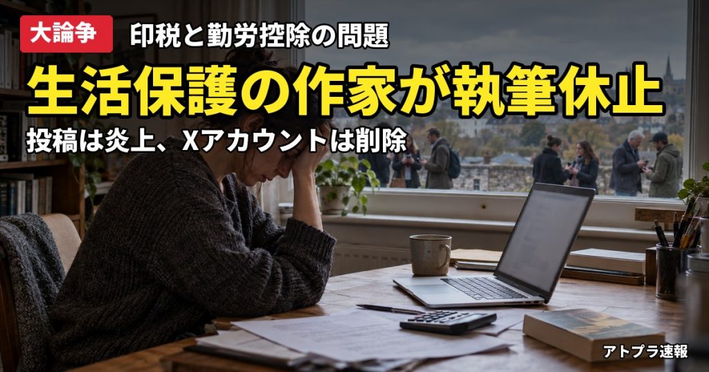 記事内容をもとにしたAI再現イメージ：【大論争】生活保護の小説家・塩野さち氏が執筆休止を宣言、印税に勤労控除がない制度と批判で炎上