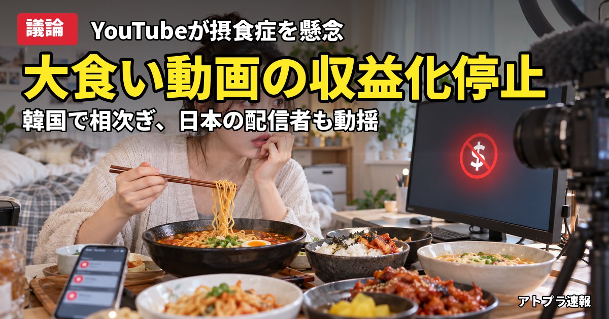 記事内容をもとにしたAI再現イメージ:【議論】YouTube「大食い動画」収益化停止の動き、韓国で相次ぐ報告 摂食症助長の懸念に「働け」の声も
