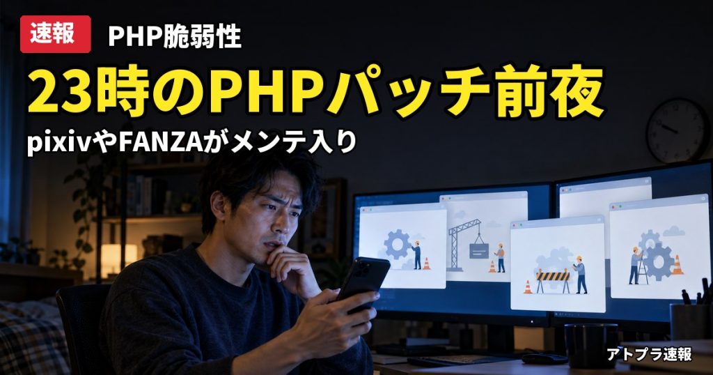 記事内容をもとにしたAI再現イメージ：【速報】PHP脆弱性で23時にパッチ公開、pixivやFANZAがメンテ入りでおんJに人が集結