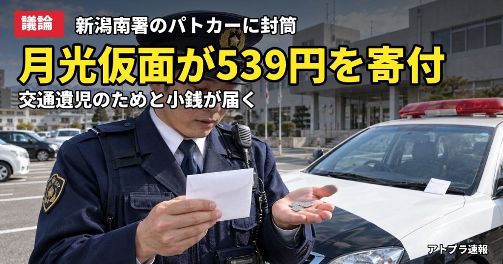 記事内容をもとにしたAI再現イメージ：【議論】新潟南署に「月光仮面」から寄付539円、交通遺児のためと封筒