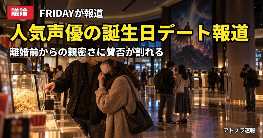 記事内容をもとにしたAI再現イメージ：【議論】小野賢章とM・A・Oの「誕生日デート」をFRIDAYが報道、花澤香菜との離婚前から親密と書かれ賛否