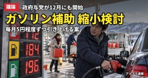 記事内容をもとにしたAI再現イメージ：【議論】ガソリン補助の縮小案、政府与党が12月から月5円ずつ値上げ検討　財源枯渇を懸念