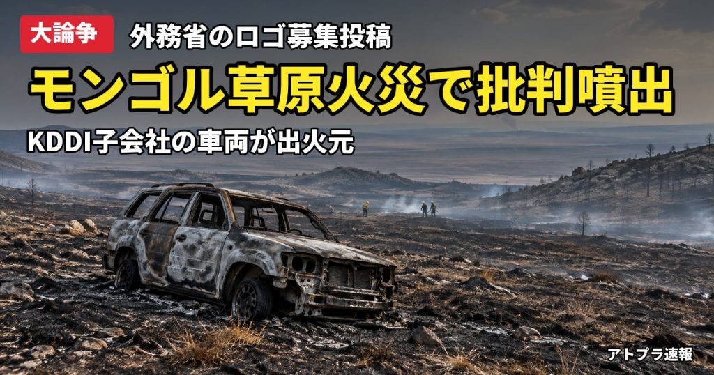 記事内容をもとにしたAI再現イメージ：【大論争】モンゴル草原火災でKDDI子会社の車両が出火元、外務省「ロゴ募集」投稿に批判殺到