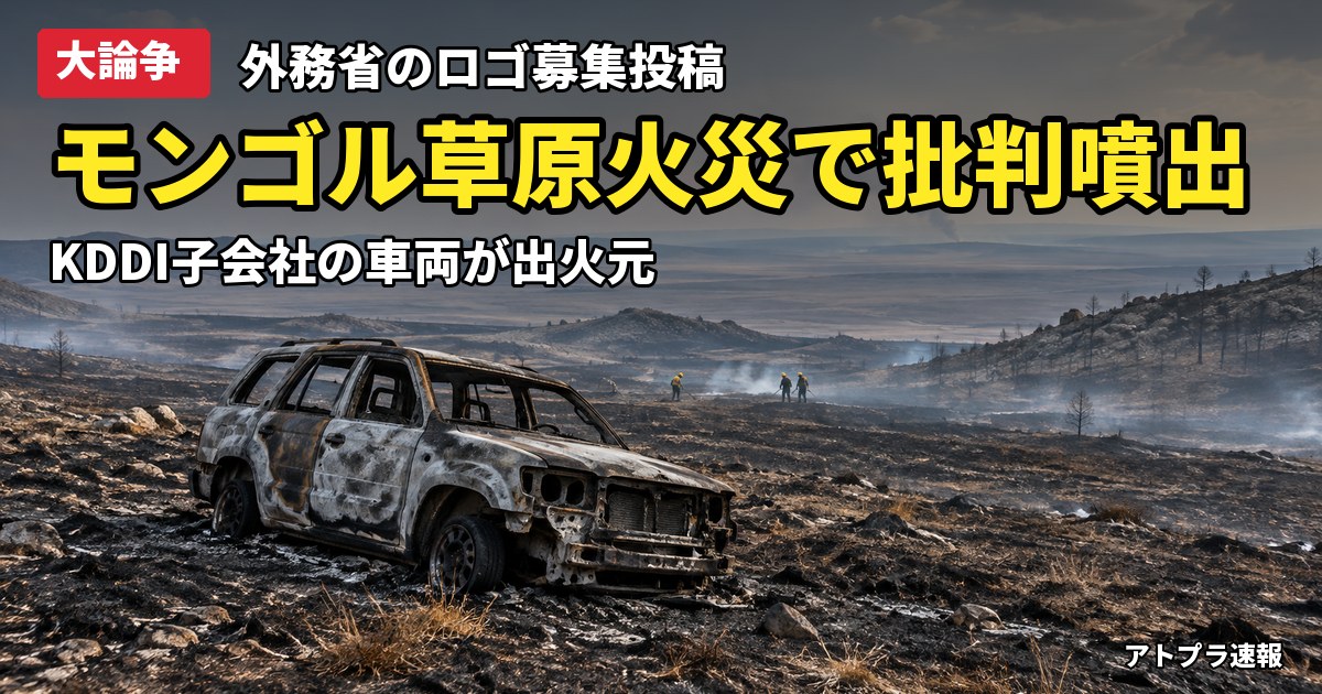 記事内容をもとにしたAI再現イメージ：【大論争】モンゴル草原火災でKDDI子会社の車両が出火元、外務省「ロゴ募集」投稿に批判殺到