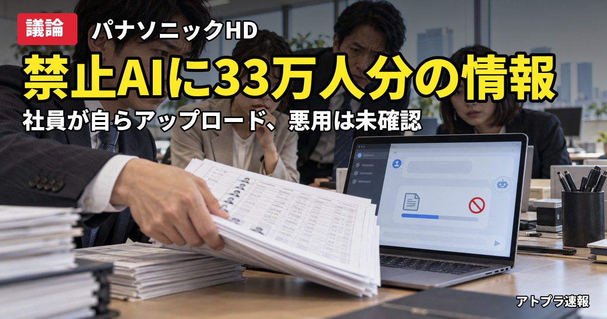 記事内容をもとにしたAI再現イメージ：【議論】パナソニックHD、禁止の生成AIに従業員ら33万人分の個人情報を社員がアップロード
