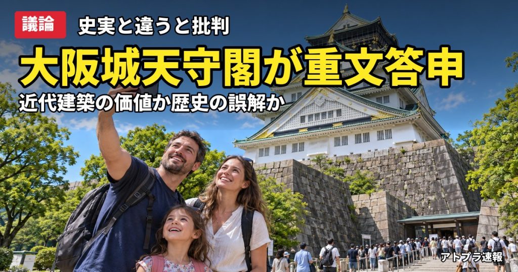 記事内容をもとにしたAI再現イメージ：【議論】大阪城天守閣の重要文化財指定答申に「史実と無関係のトンデモ建築」と批判記事、ネットでは擁護論も