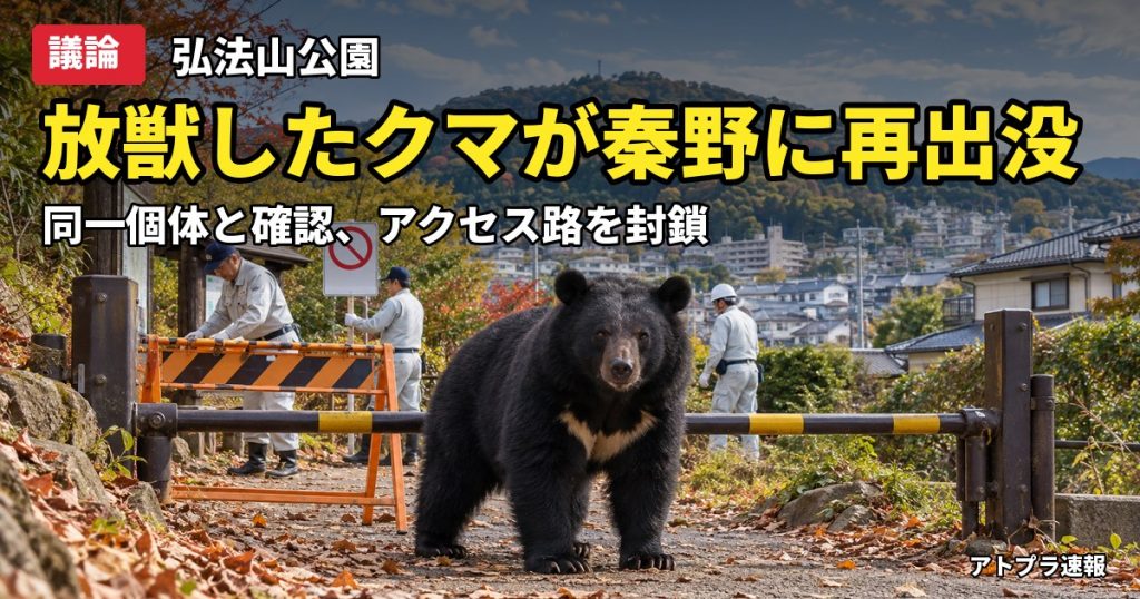記事内容をもとにしたAI再現イメージ：【議論】秦野市の弘法山公園にツキノワグマ再出没、放獣した個体と同一と確認され「だから駆除を」の声