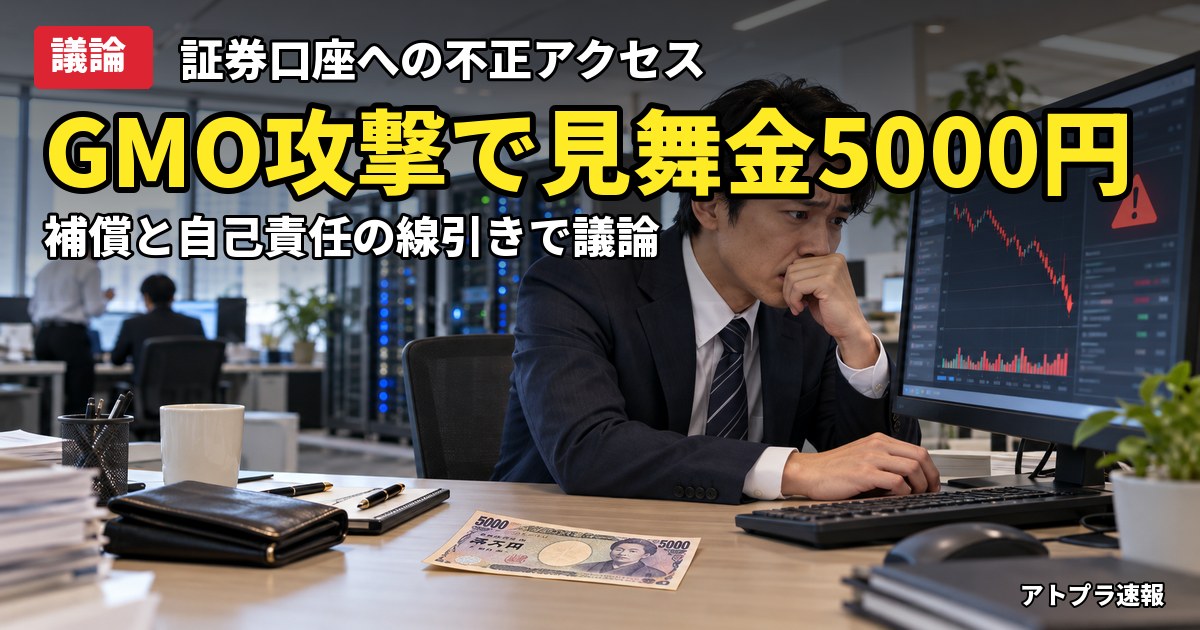 記事内容をもとにしたAI再現イメージ：【議論】GMOへの不正アクセスで顧客に5000円の見舞金、ネット証券の補償と自己責任の線引きを巡りなんJで大論争