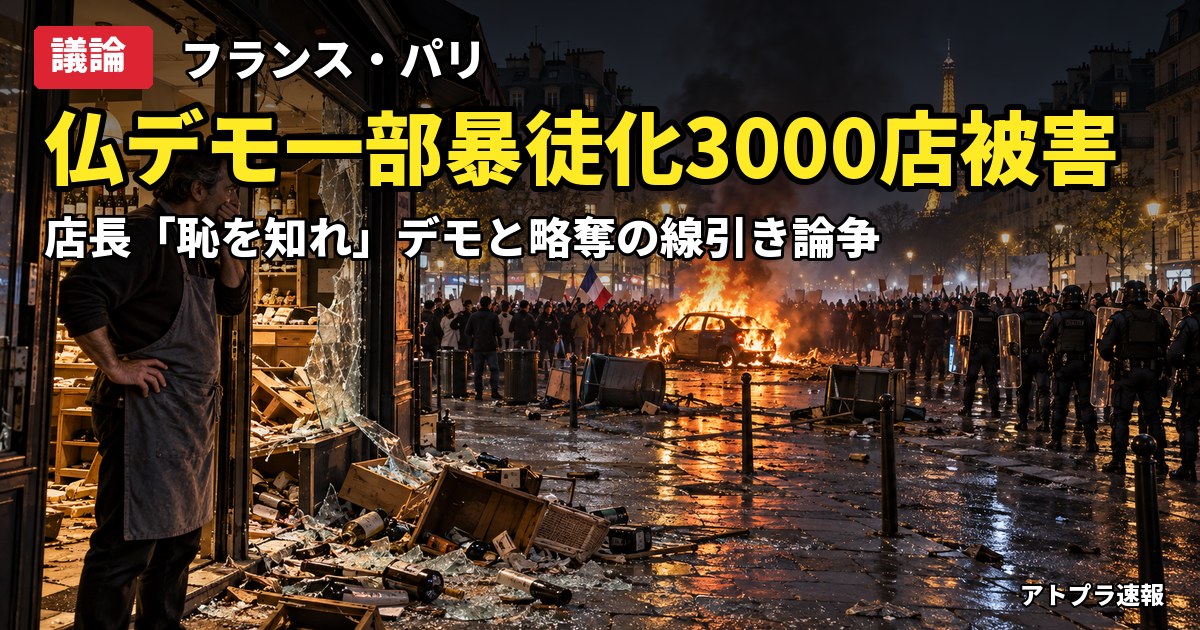 記事内容をもとにしたAI再現イメージ:【議論】フランス55万人デモで一部が暴徒化、3000店舗被害 ネット「デモと略奪は別」