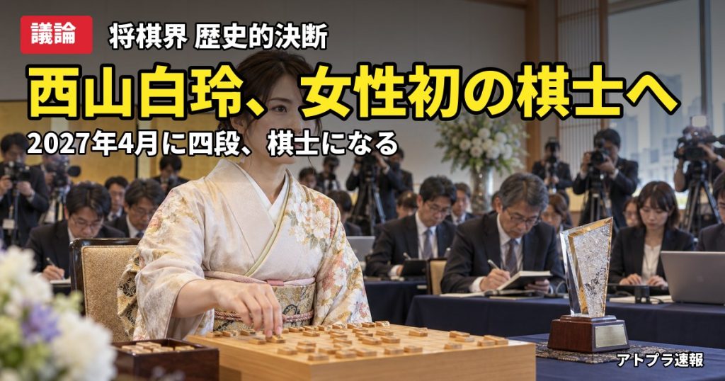 記事内容をもとにしたAI再現イメージ：【議論】西山朋佳白玲が棋士資格の権利行使を表明、将棋史上初の女性棋士へ